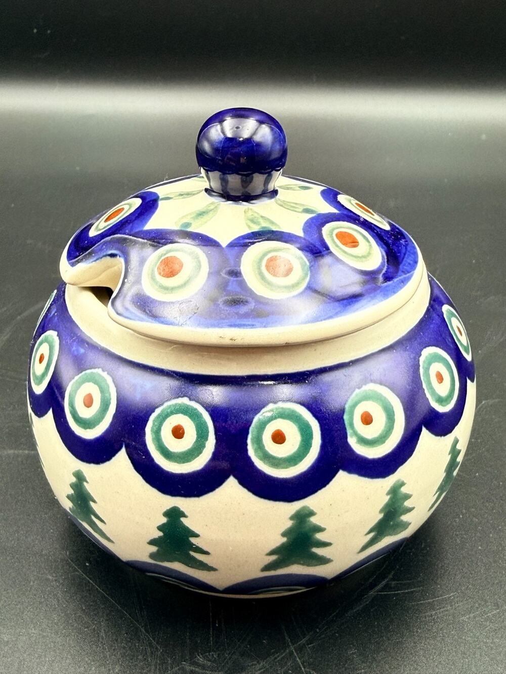 Boleslawiec Polish Pottery Cobalt Blue Green Evergreen Christmas Tree Sugar Bowl